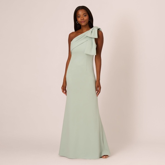 Adrianna Papell Stretch Crepe One Shoulder Mermaid Gown With Bow